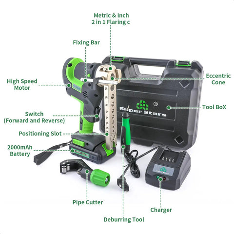 Heavy Hitter Electric Flaring Tool Kit For HVAC Pros Featuring Cordless Grunt And Butter Smooth Metric Imperial Clamps For Copper Tubing 45 Degree Flare Cone Rig