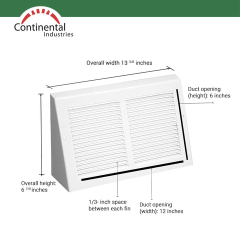 Diagram of Triangular Baseboard Vent Cover White For HVAC Vents 12 By 6 Inch Opening, showing dimensions and durable plastic grille.