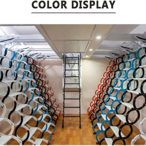 Electric Pull Down Attic Ladder With Titanium Magnesium Alloy Frame Invisible Ceiling Mount Built Tough Retractable Loft Steps Smooth Glide Easy Home Access Upgrade with color display.