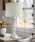 Farmhouse Table Lamps Set Of 2 With 3 Way Dimming, Vintage Bedside Lamps In White Finish With USB A And C Ports, Rustic Nightstand