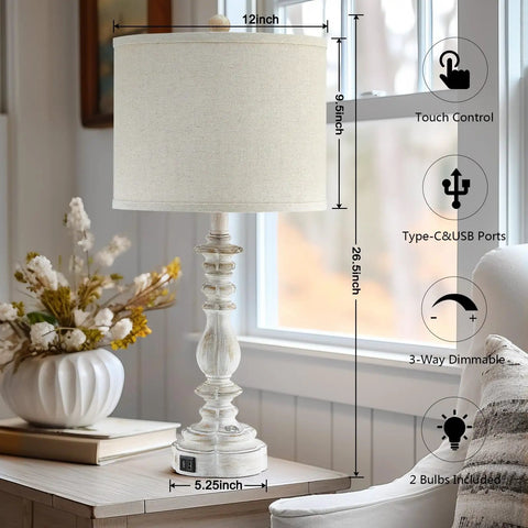 Farmhouse Table Lamps Set Of 2 With 3 Way Dimming, Vintage Bedside Lamps In White Finish With USB A And C Ports, Rustic Nightstand