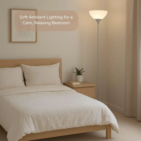 Silver torchiere lamp in bedroom, 72 inch, white opal shade, modern standing fixture, fits living room, bedroom or office.