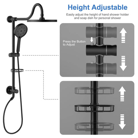 9 Inch Rainfall Shower Head And Handheld Combo System With Slide Bar In Matte Black, No Fuss 30 Minute Install, Integrated Diverter