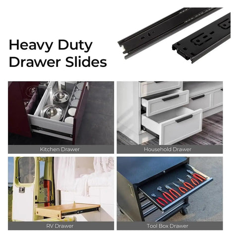 Premium Side Mounted Ball Bearing Drawer Slides 12 Inch Full Extension Steel Hardware For Cabinets Dressers in kitchen, household, RV, and toolbox.