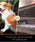 Deluxe Dog Car Seat Cover For Back Seat With Breathable Mesh Window Hammock showing side flaps preventing scratches on car door