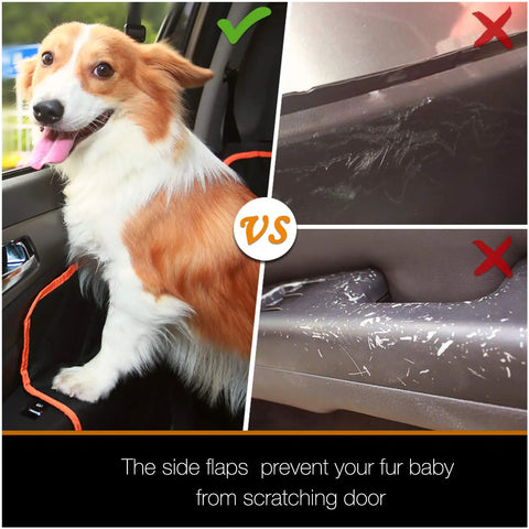 Deluxe Dog Car Seat Cover For Back Seat With Breathable Mesh Window Hammock showing side flaps preventing scratches on car door