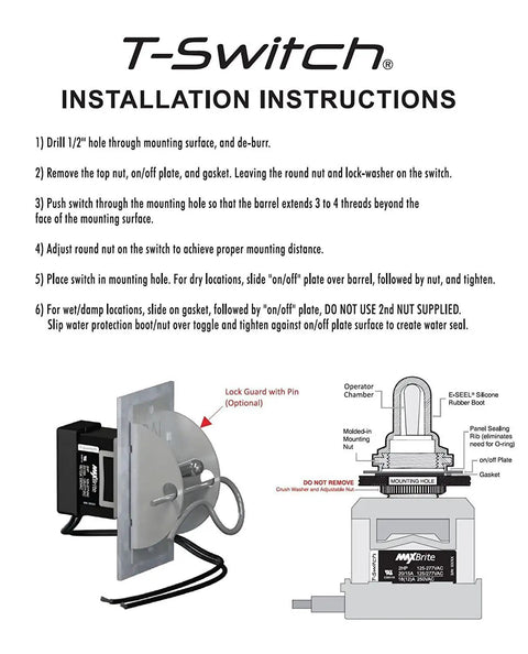 Installation instructions for Heavy Duty Toggle Switch 20 to 15A 125 277V 2 HP with Waterproof Rubber Boot, diagrams included.
