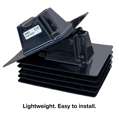 Front view of black MIRO SADDLE rooftop pipe support with mounting brackets for up to 3.5-inch pipes