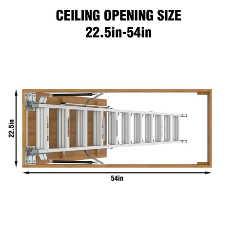 Ten Foot Aluminum Attic Ladder With Pull Down System Retractable Loft Stairs Foldable Loft For Rough Opening Twenty Two And A Half Inch By Fifty Four Inch Fits Seven Point Six To Ten Point Two Five Foot Ceilings Holds 350 Pounds shown folded in 22.5x54 opening
