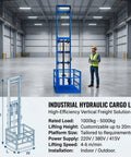 Total Beast Heavy Duty Electric Hydraulic Cargo Lift, wall mounted rail hoist in warehouse, handles 2200 lb loads, 4-6 m/min speed.