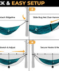Illustrated guide to setting up a 12ft Lightweight Hammock Bug Net for Camping showing easy steps for 360 degree coverage.