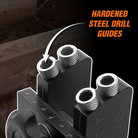 Close-up of Pocket Hole Jig Kit For Woodworking With Metal Body, showing hardened steel drill guides for precise pockets.