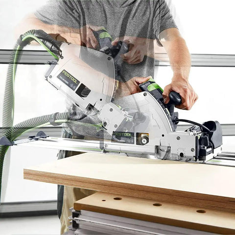 Badass Scorer Plunge Saw Delivering Smooth Tear Free Cuts On Veneer And Laminated Sheets With Diamond Scoring Blade Comes Fully Rigged And Tight For Serious Shop Work, in use cutting plywood.