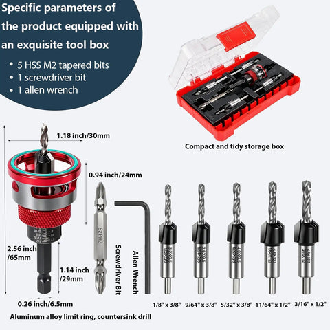 Pro Grade Countersink Drill Bit Set With Adjustable Depth Stop Aluminum Collar 5 Four Flute HSS M2 Tapered Bits in case