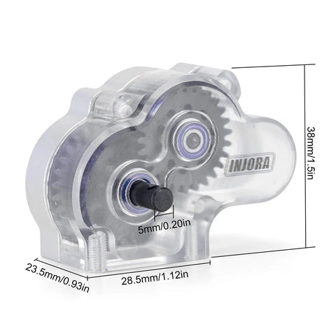 Low CG 1 By 10 RC Crawler Transmission Gearbox With Clear Cover Upgrade For SCX10 SCX10 II, dimensions shown, Inijora branded.