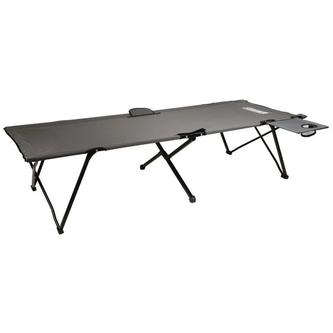 Pack-Away Big N Tall Camping Cot with Removable Side Table and Cup Holder, extra wide sleeping surface, durable steel frame.