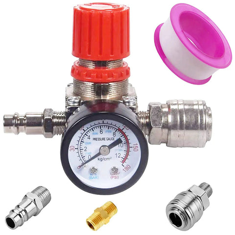 4-Way Air Compressor Pressure Switch Regulator with Dual Dial Gauges, Adjustable 0-175 PSI, Copper-Zinc Alloy, 240V 15A Valve