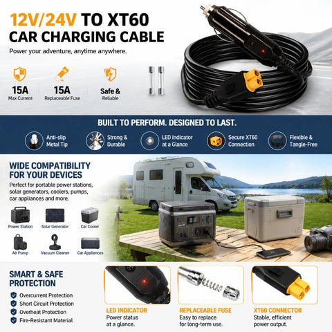 No Hassle Bulletproof XT60 To 12V 24V Car Charger Cable, rugged design, 16AWG, perfect for portable power in RVs and trucks.