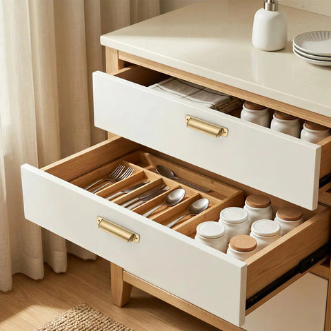6 Pack 3 Inch Hole Center Cup Pulls Champagne Bronze Zinc Alloy Cabinet Hardware For Kitchen Cabinets And Dressers Built Tough With A Classic Antique Brass Finish on white kitchen drawers filled with cutlery and jars.