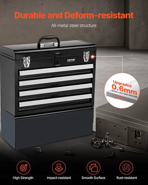 Rock Solid Portable Metal Tool Box With Four Deep Rollout Drawers And Smooth Ball Bearing Slides Secured By A Heavy Duty Lock For Pickup Truck Storage And Weekend Wrenching Projects