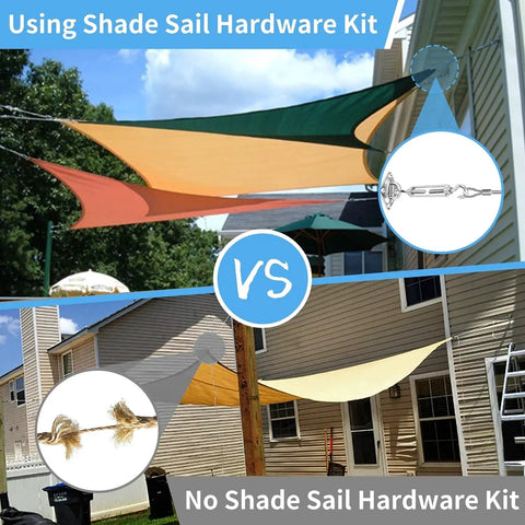 Comparison of shade sails installed with and without 84 Piece Sun Shade Sail Hardware Kit With Cable And Wire Rope.