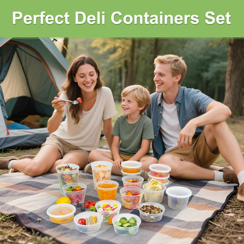 Family picnic with 60 Complete Deli Container Sets With Lids, 32 16 8 Oz, 120 Pieces Total, BPA free, on picnic blanket outdoors