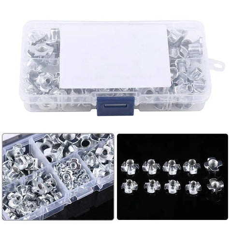 Heavy Duty T Nuts For Wood 90 Piece Set Carbon Steel Four Prong M8 Threaded Inserts With Zinc Plated Protection in Box