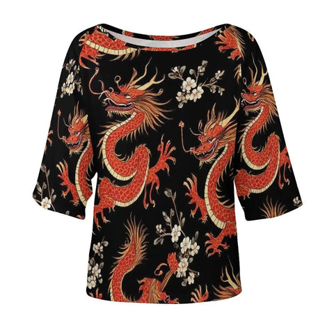 Womens Loose Boat Neck Short Sleeve Tee With Floral Dragon Print Black Floral Top For Work Travel Casual Comfy Lightweight Shirt