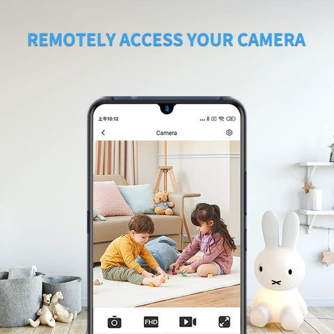 View on phone screen of Ultra Compact 1080P Wireless Mini Camera DIY Module Nanny Cam in a living room with children playing