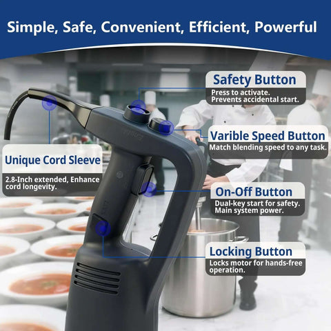 Heavy Duty Commercial Immersion Blender Kickass Kitchen Workhorse Pure Copper Motor Variable Speed Handheld Stick Mixer Professional Restaurant Grade Soup Blender For Silky Smooth Creations 20 Inch Shaft with variable speed and safety buttons.