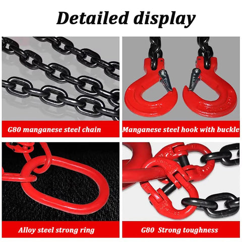Detailed view of Tough As Nails G80 Manganese Steel Engine Lift Chain with red hooks and alloy steel strong ring.