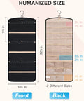 Front and back view of Anti-Tangle Hanging Jewelry Organizer With 32 Clear Pockets And 20 PVC Anti-Tarnish Bags, black.