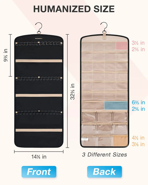 Front and back view of Anti-Tangle Hanging Jewelry Organizer With 32 Clear Pockets And 20 PVC Anti-Tarnish Bags, black.