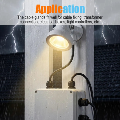 Outdoor light with 72 Piece Cable Glands Kit With Waterproof Strain Relief For Cables And Pass Through Grommets in rainstorm
