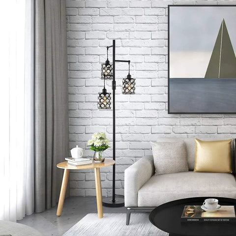 Vintage Farmhouse Floor Lamp With Three Light Tree Design, Industrial Crystal Glass Standing Lamp For Living Room Or Office, On Off Rotary Switch, 64 Inch E26 Base