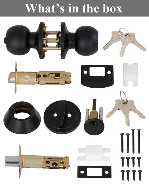 Locking Satin Nickel Door Knob Set With Keyed Entry Easy Install Hardware Handle, parts and keys displayed