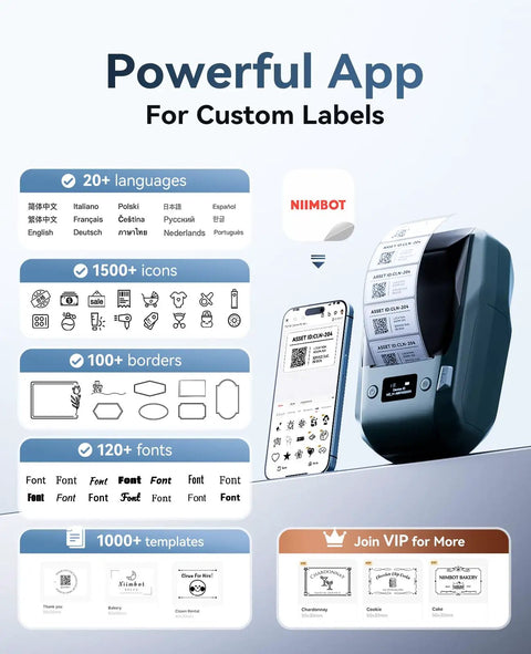 M2 300 Dpi Thermal Transfer Label Maker For Waterproof Barcodes And QR Codes Built Different With Crisp Graphics, showing app features and templates.