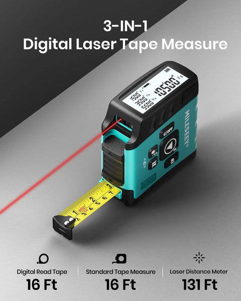 Do It All Laser Distance Meter And Digital Tape Measure With 130 Ft Range, 16 Ft Readout, LCD display, and laser feature