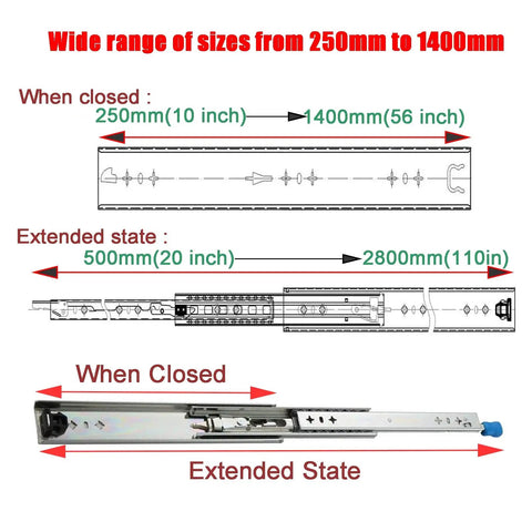 Diagram of Heavy Duty Ball Bearing Drawer Slide Repair Kit With 3-Fold Full Extension And Lockable Cabinet Drawer Runners 950mm Glide Rails