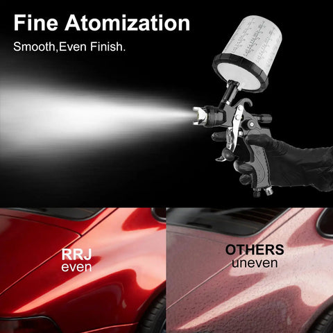 Heavy Duty HVLP Spray Gun Kit With Dual Cups And Precision Brass Nozzles designed for car painting shows fine atomization on a red car.