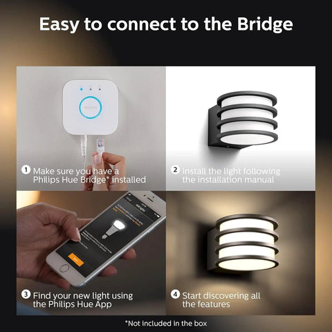 Hue Lucca White Outdoor Wall Light With Dusk To Dawn Sensor installation and connection steps with Hue bridge and app.