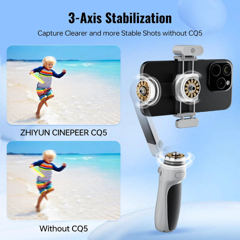 Image showcasing CQ5 Combo 3-Axis Phone Gimbal With AI Face Tracking Fill Light For iPhone And Android Smartphones Compact And Portable 11 Hour Battery Magnetic AI Tracking For Hands Free Control And Stable Pro Grade Footage Travel Friendly with stabilization comparison against Zhiyun Cinepeer CQ5.