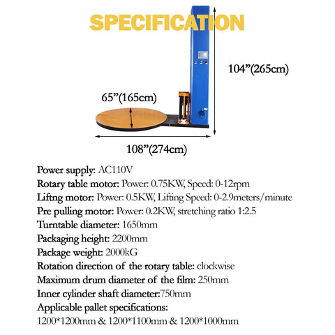 Workhorse Industrial Pallet Wrapping Machine With 4409 Pounds Capacity And 65 Inch Turntable Featuring Forklift Hole For Bulletproof Shrink Wrap Sealing On Massive Loads 110V specifications diagram with measurements and power details.