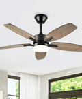 Neojoyoenix 42" 5PCS Plywood Blades Ceiling Fan with Lights Remote Control, Quiet DC Motor s 6 Speed Levels, Reversible, for Patio Living Room, Bedroom, Office, Indoor. (Matte Black) view from below.