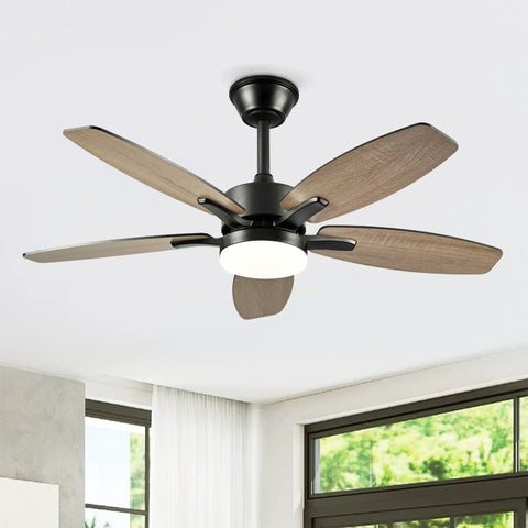 Neojoyoenix 42" 5PCS Plywood Blades Ceiling Fan with Lights Remote Control, Quiet DC Motor s 6 Speed Levels, Reversible, for Patio Living Room, Bedroom, Office, Indoor. (Matte Black) view from below.