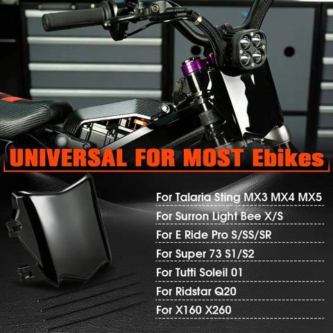 Front Number Plate For Electric Dirt Bikes With Dual Front Shock System Universal Fit For EBikes Like Surron Light Bee X Ridstar Q20 Tuttio Soleil 01 Yozma Macfox And More, black plastic