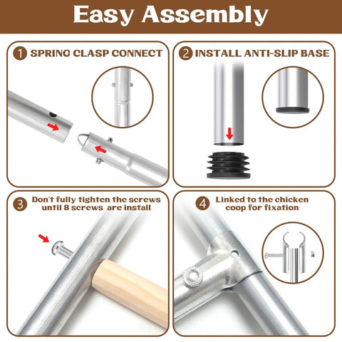 Assembly instructions for 55-inch large chicken roosting bars with sturdy metal frame and wood, easy to clean roost ladder for hens