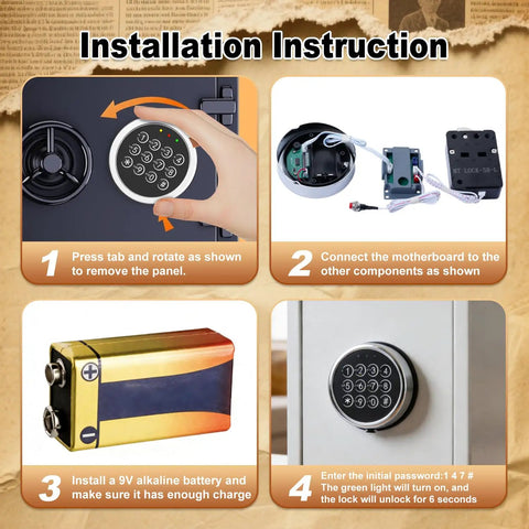 Electronic Safe Lock Replacement Kit for Gun Safes with Zinc Alloy Keypad Swing Bolt and 4 Pin Cable Access installation steps