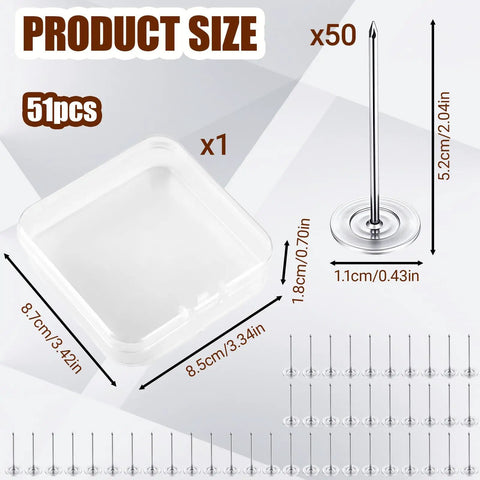 Fifty Piece Extra Long Upholstery Nails With Slick Silver Flat Heads For Heavy Duty Furniture Fixups And Diy Projects Comes In A Nifty Plastic Tote Box For No Sweat Storage And Effortless Installation showing dimensions and count.