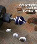 Pro Grade Countersink Drill Bit Set 1/4 To 3/4 Inch, 5-Piece HSS 5-Flute Chamfer Bits in use on metal surface with drill